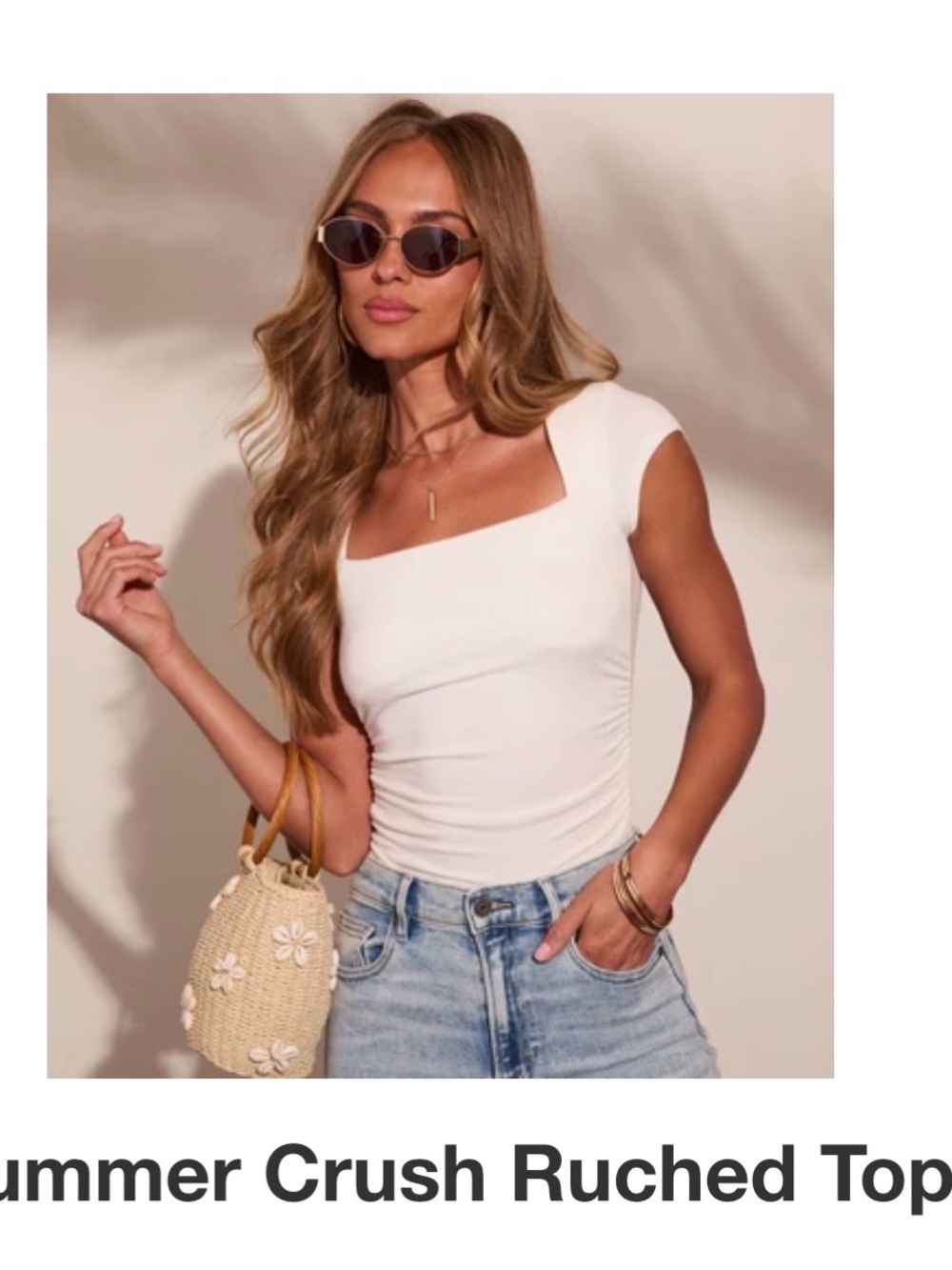 Vici White Square-Neck Ruched Cap-Sleeve Top
